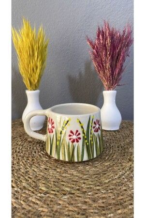 Doppelte Kaffeetasse aus Keramik, rotes Gänseblümchen, Nescafe-Tasse - İlbay Çini Takı