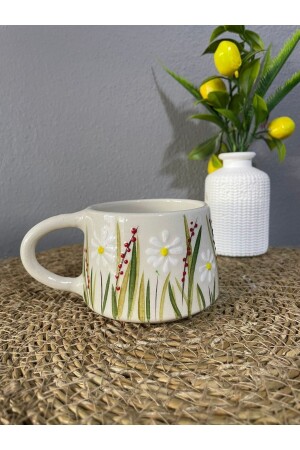 Doppelte Kaffeetasse aus Keramik, weißes Gänseblümchen - İlbay Çini Takı