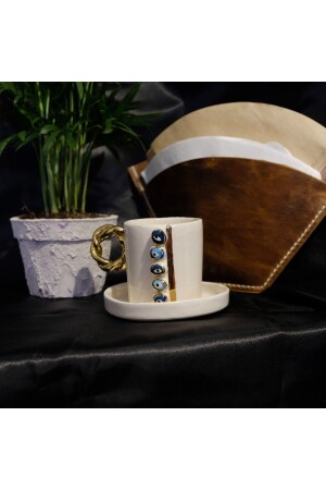 Doppelte türkische Kaffeetasse aus Keramik mit Evil Eye-Perlendekoration, handgefertigt, 24 Karat Gold, nazarboncukdizgi - İksir Tasarım