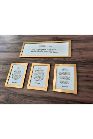Dörtlü Duvar Pano Seti (AYETEL KÜRSÜ- NAZAR AYETİ VE BEREKET DUASI) Gold-beyaz - Dekorobi