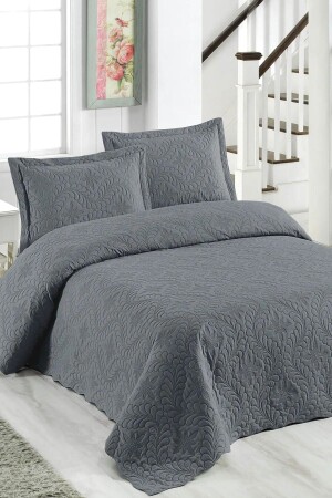 Double 3 Piece Ivy Pattern Microfiber Quilted Anthracite Single Color Bedspread - Candan Çeyiz