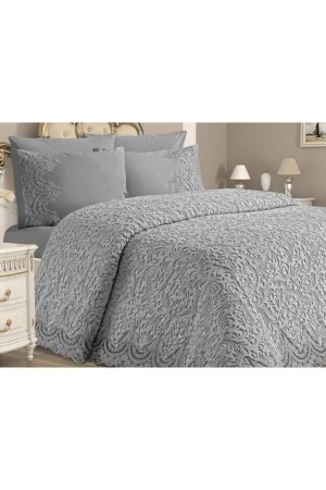 Double Blanket Bedspread Set Gray Color in Dowry Box - Kelebek