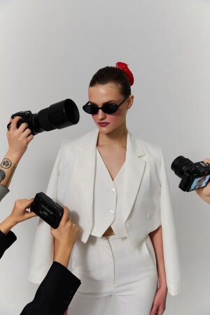Double Breasted Crop Blazer Jacket Ecru - Quzu