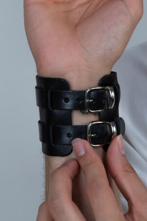 Double Buckle Wide Janissary Ottoman Men's Leather Bracelet B30 b30 - Takı Dükkanı