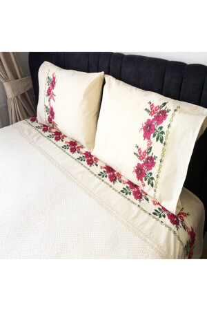 Double Cross Stitch Embroidered Pique Set-burgundy 1120 - Yavuz Tekstil