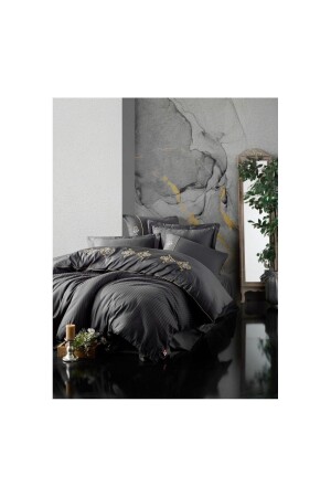 Double Duvet Cover Set King Anthracite- Embroidery Satin 944545465 - Cotton Box