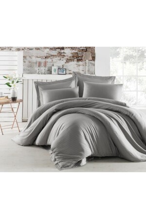 Double Duvet Cover Set with Satin Non-Elastic Sheets - Gray TYC00088845717 - BESTİNA GOLD