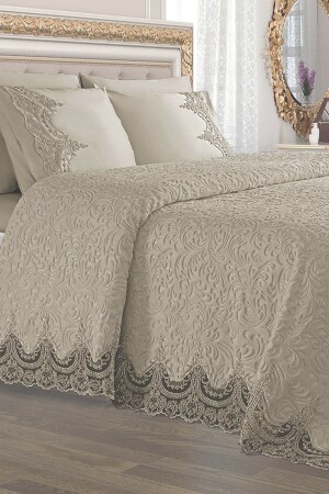 Double French Laced Dowry Blanket Set Arus Beige 206280 - Çeyiz Diyarı