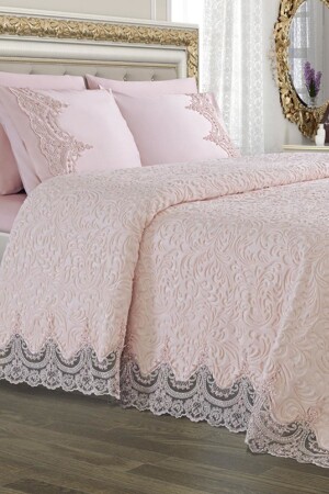 Double French Laced Dowry Blanket Set Arus Pudra 206112 - Çeyiz Diyarı