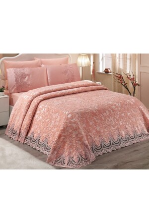 Double French Laced Pearl Stone Embroidered Dowry Blanket Set - powder FRN02 - Walls Home