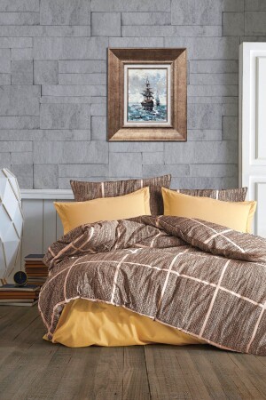 Double Pale Brown Plaid 6 Piece Duvet Cover Set with Elastic Sheets - CANDAN ÇEYİZ