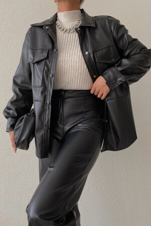 Double Pocket Snap Fastener Leather Jacket Black L - Ciqulata