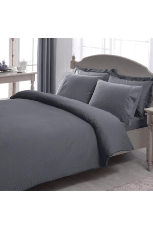 Double Premium Basic Stripe Satin Duvet Cover Set Anthracite Without Elastic 200 Cm X 220 Cm 8682475100083 - Taç