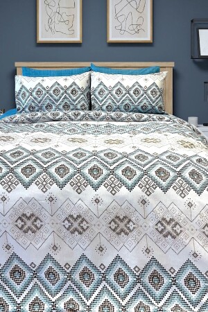 Double Ranforce Duvet Cover Set with Plain King Size Sheet Bohemian Petrol CKDUZNTBH - Alla Turca