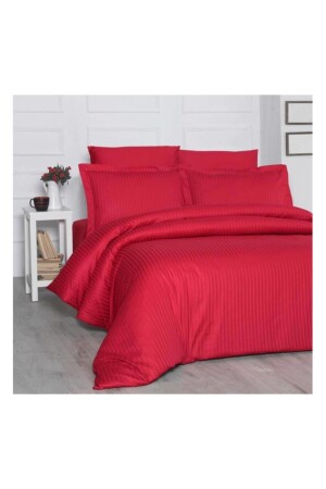 Double Red King Size Cotton Satin Striped Duvet Cover Set kngkm6 - METİNEV