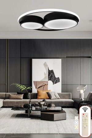 Double Ring Round Black LED Chandelier, 3 Color Lighting with Remote Control, Plafonier Chandelier with Dimmer 1007 - Ledmi Lighting