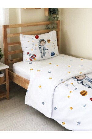 Double Sided Astronaut Patterned Elastic - Printed Single Duvet Cover Set - White 88123 - Evmila