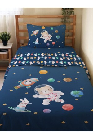 Double Sided Bear Astronaut Patterned - Printed Single Duvet Cover Set Navy Blue 94847 - Evmila