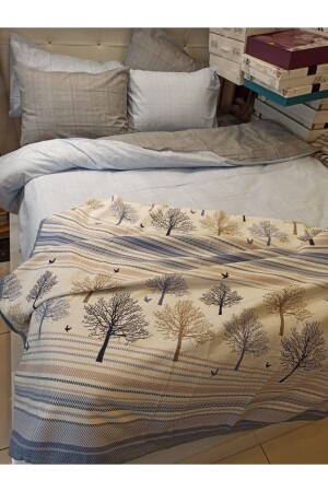 Double-Sided Double Color Single Pique Duvet Cover Set with Elastic Sheets PikeliTKNev - ŞENER HOME