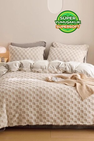 Double (SIDED) Fur Duvet Sleeping Set Soft Filled Bedspread 3 Pieces Polo Cream - Evlen Home Collection