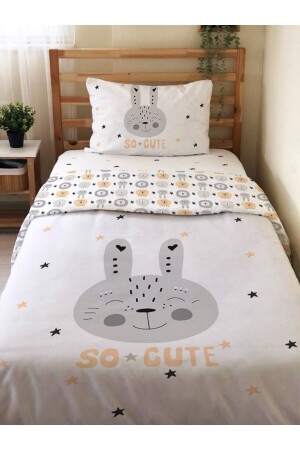 Double Sided Gray Rabbit Patterned - Printed Single Duvet Cover Set White 13991 - Evmila