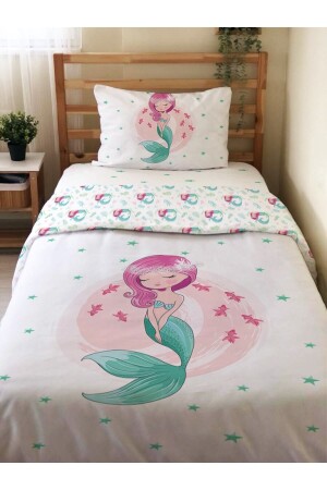 Double Sided Mermaid Patterned Printed Single Duvet Cover Set White 29494 - Evmila