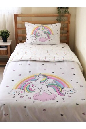 Double-Sided Unicorn and Rainbow Patterned - Printed Single Duvet Cover Set White 13994 - Evmila
