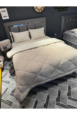Double Sided Welsoft Quilt Set Double Beige Square - Violacasa