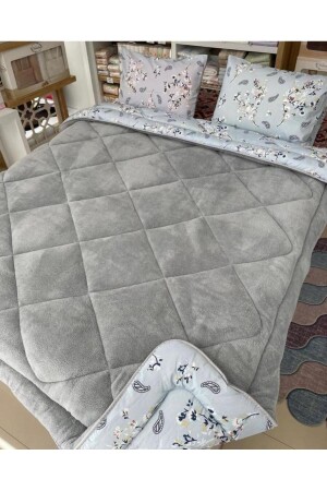 Double Sided Welsoft Quilt Set Double GRAY BLUE ETHNIC - Violacasa