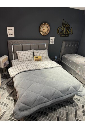 Double Sided Welsoft Quilt Set Double Gray White Square TYC00837272677 - Violacasa