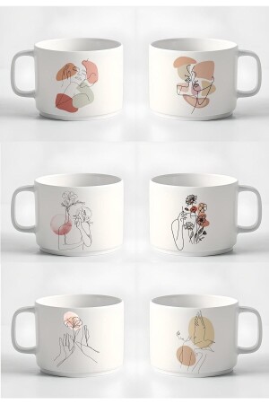 Double Turkish Coffee Cup & Espresso Minimal Linear Women's 6-Piece Cup Set Mug 180 ml DTKE61224 - UmayArt