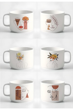 Double Turkish Coffee Cup & Espresso Minimal Linear Women's Printed Mug 6-Piece Mug Set 180 Ml ÇKT9544 - GünayStore
