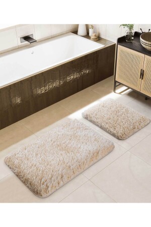 Douro Shaggy 2-Piece Bath Mat Beige Non-Slip Base 60 X 100 - 50 X 60 - Koza Home