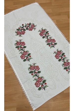 Dowry Canvas Etamine Embroidered 100% Cotton Linen Prayer Rug Cream*red - Ayhanhome
