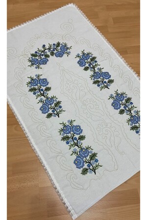 Dowry Canvas Stitch Etamine Embroidered 100% Cotton Linen Cream*blue Prayer Rug - Ayhanhome