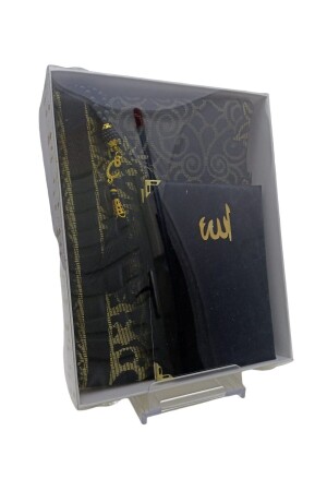 Dowry Gift Boxed Black Prayer Rug Set Luxury Taffeta Prayer Rug Pearl Prayer Beads Velvet Covered Yasin 70 x 110 - sin@rasta