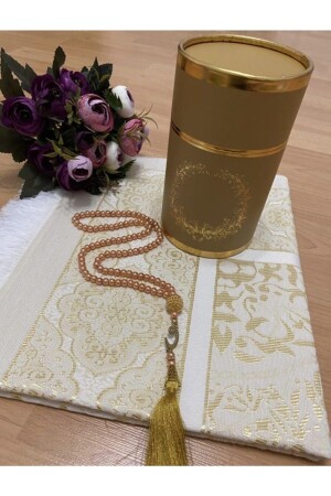 Dowry Gift Boxed Gold Prayer Rug Set Luxury Taffeta Prayer Rug - Pearl Prayer Beads - Ayhanhome