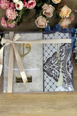 Dowry Gift Prayer Rug Prayer Beads Large Written Nubuck Quran Gift Set Bride Groom Bundle Cream - Medrese Yayınları