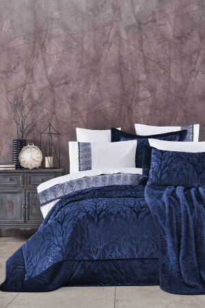 Dowry Package 10 Pieces (bedspread+duvet cover+blanket) Spring Navy Blue 0601010208205 - Elart