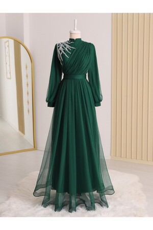 Draped Belted Tulle Evening Dress with Stone Detail on the Front - Modamorfo