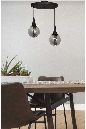 Drop Double Pendant Lamp Model Chandelier - Smoked Glass Round - Black Modern - Kitchen - Living Room Ky - VEDA AVİZE