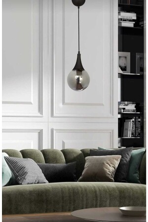 Drop Single Pendant Lamp Model Chandelier - Smoked Glass Round - Black Modern - Kitchen - Living Room Aj - VEDA AVİZE