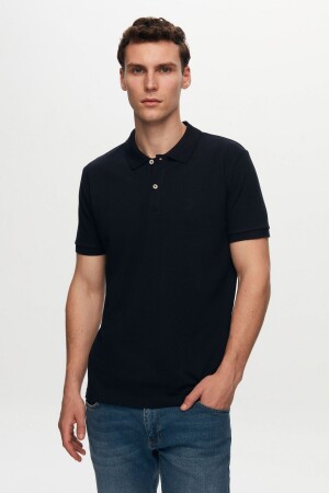 Ds Damat Regular Fit Navy Blue 100% Cotton Polo Neck Embroidered T-shirt - D's Damat