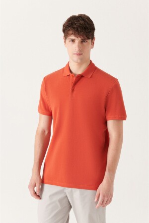 Dunkelorangefarbenes Herren-T-Shirt mit Polokragen aus 100 % Baumwolle und normaler Passform E001004 - Avva