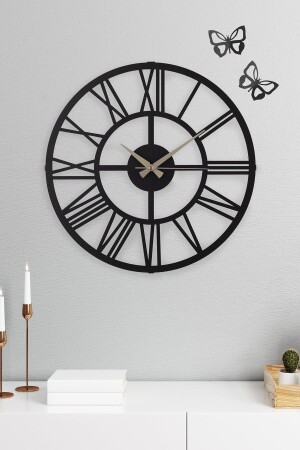Duvar Saati Roma Rakamlı Siyah Metal Duvar Saati 40cm,dekoratif Kelebekler Dahil. Sessiz Çalışma. vinyet premium black 34 - vinyet