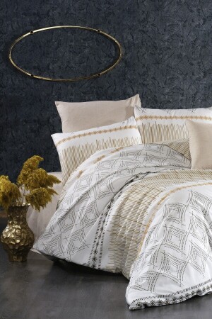Duvet Cover Set - Single Eftelya with Elastic Sheets - Cream GRM0054 - GARDEN ROOM