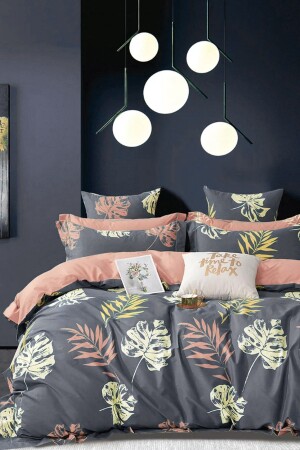 Duvet Cover Set with Fitted Sheets, Double Leaf Gray iqon066 - İQON