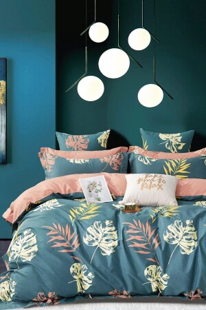 Duvet Cover Set with Fitted Sheets, Double Leaf Petrol iqon066 - İQON