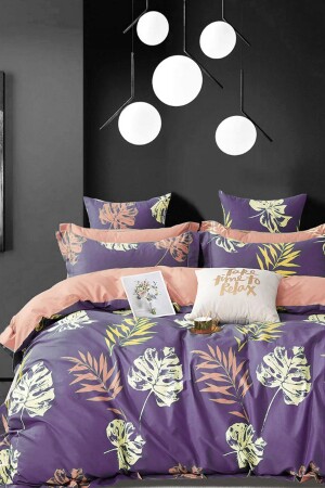 Duvet Cover Set with Fitted Sheets, Double Leaf Purple iqon066 - İQON