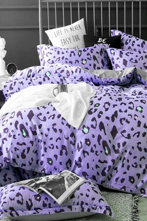 Duvet Cover Set with Fitted Sheets, Double Leopard Lilac iqon067 - İQON